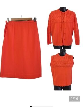 Vintage Dalton 3-Piece Knit Skirt Set Cardigan Sleeveless Top A-Line Skirt Sz 10